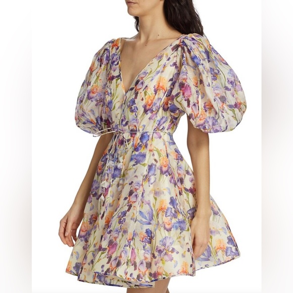 NWT Zimmermann (AU 3) Tama linen & silk puff sleeve Floral Mini Dress (US 10) - Picture 6 of 16